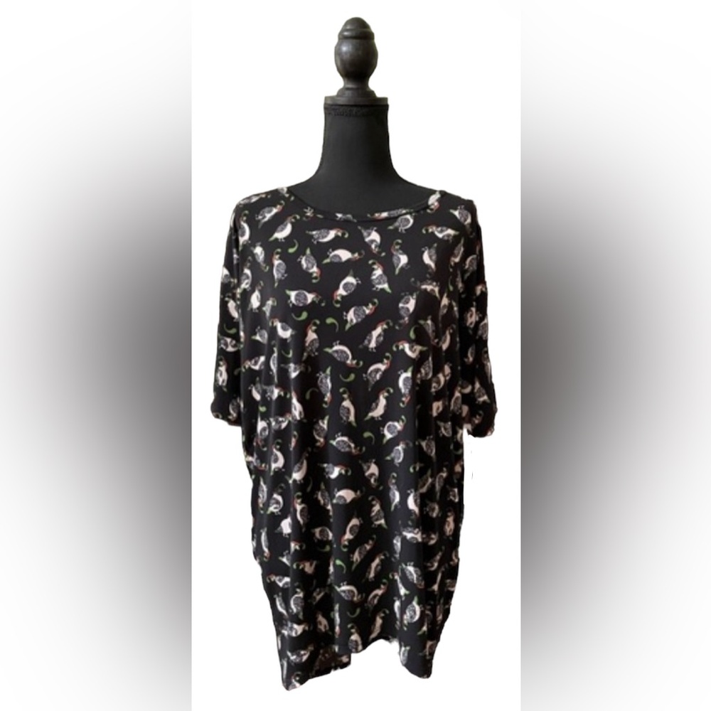 LuLaRoe: Black, Green and Ivory Irma Bird Print Shirt